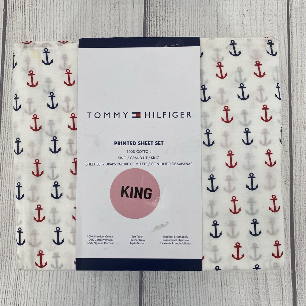 Tommy Hilfiger Sheet Set KING White 100% Cotton Anchor Nautical Patriotic USA